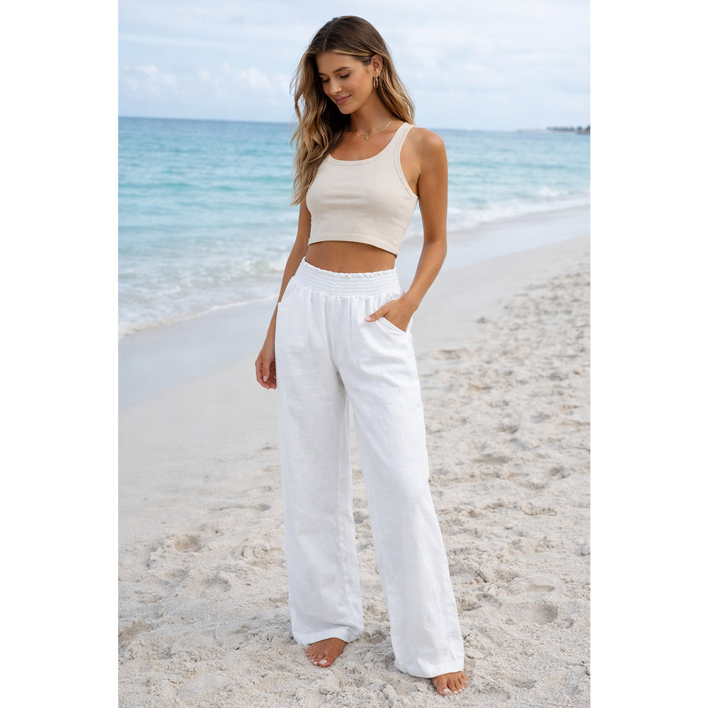 Y2K A. Byer Womens Teen Pants Size M Linen Blend Flare Smocked Waist Boho Beachy